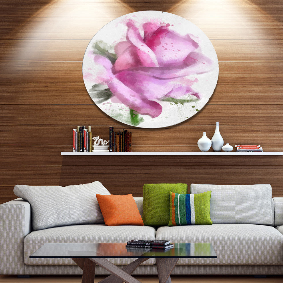 Pink Rose Drawing Watercolor, Modern Floral Round Wall Art, 23"