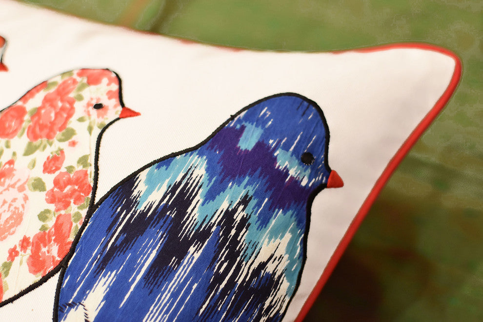 Lumbar White Birds On Wire Decorative Pillow Cover Cotton Applique Work 18x18"