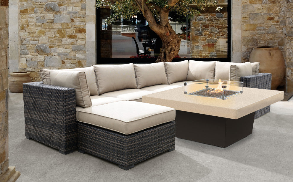 Square Fire Pit Table, 48x48, Chat Height, Natural Gas, Beige Powdercoat Top, Bronze