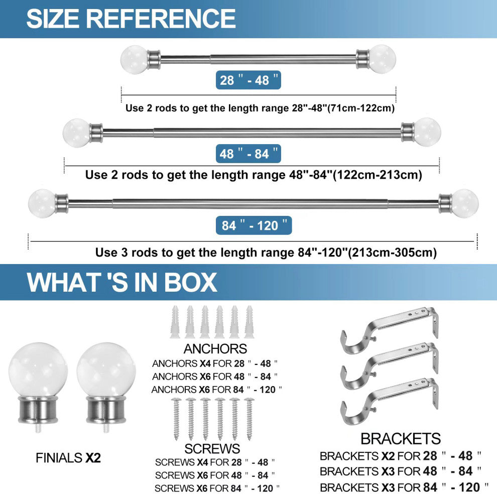 1" Crystal Ball Drapery Curtain Rod, Brushed Steel, 28"-48"