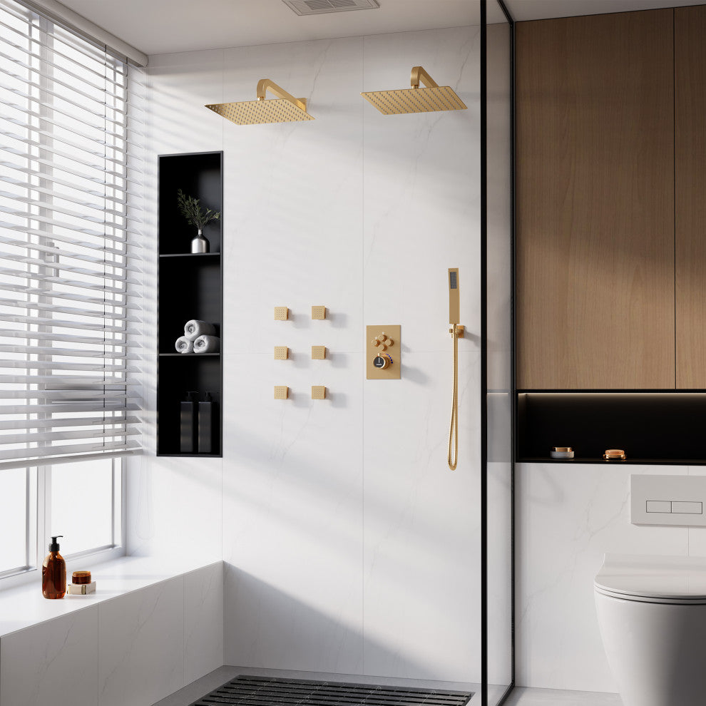 12" Dual Heads Shower System with 4 Way Thermostatic Faucet, Brushed Gold