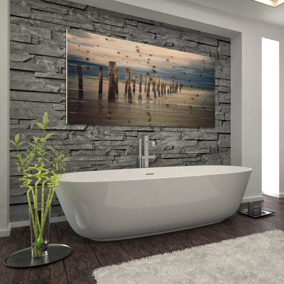 "Low Tide" Beach Side Wall Art Giclee Printed On Solid Fir Wood Planks