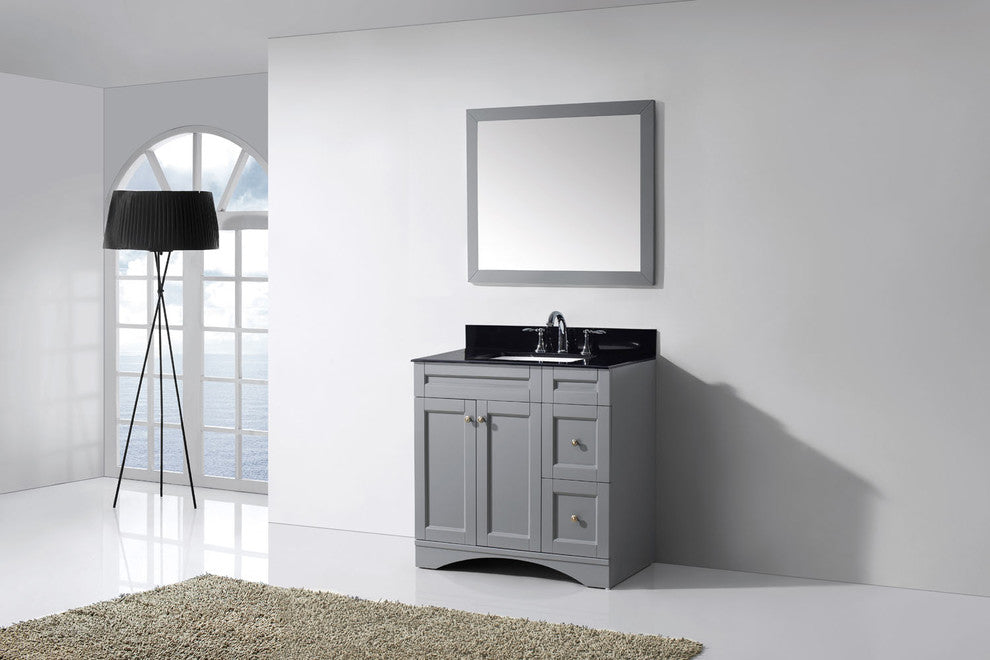 Virtu Elise 36" Single Bathroom Vanity, Gray , Black Granite Top, Mirror