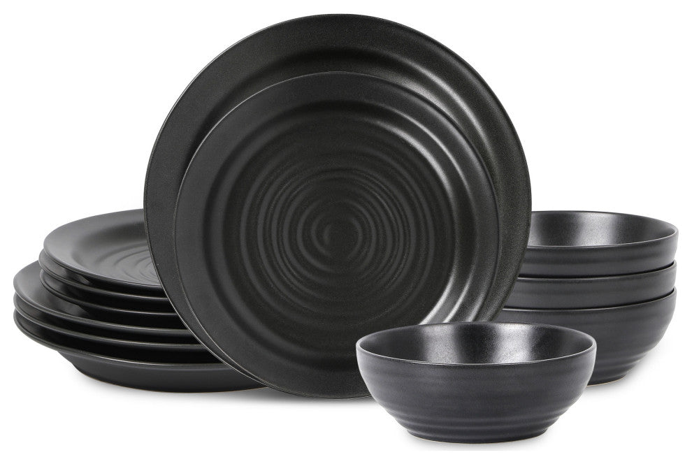 Stone Lain Orbit Stoneware 12-Piece Dinnerware Set, Charcoal