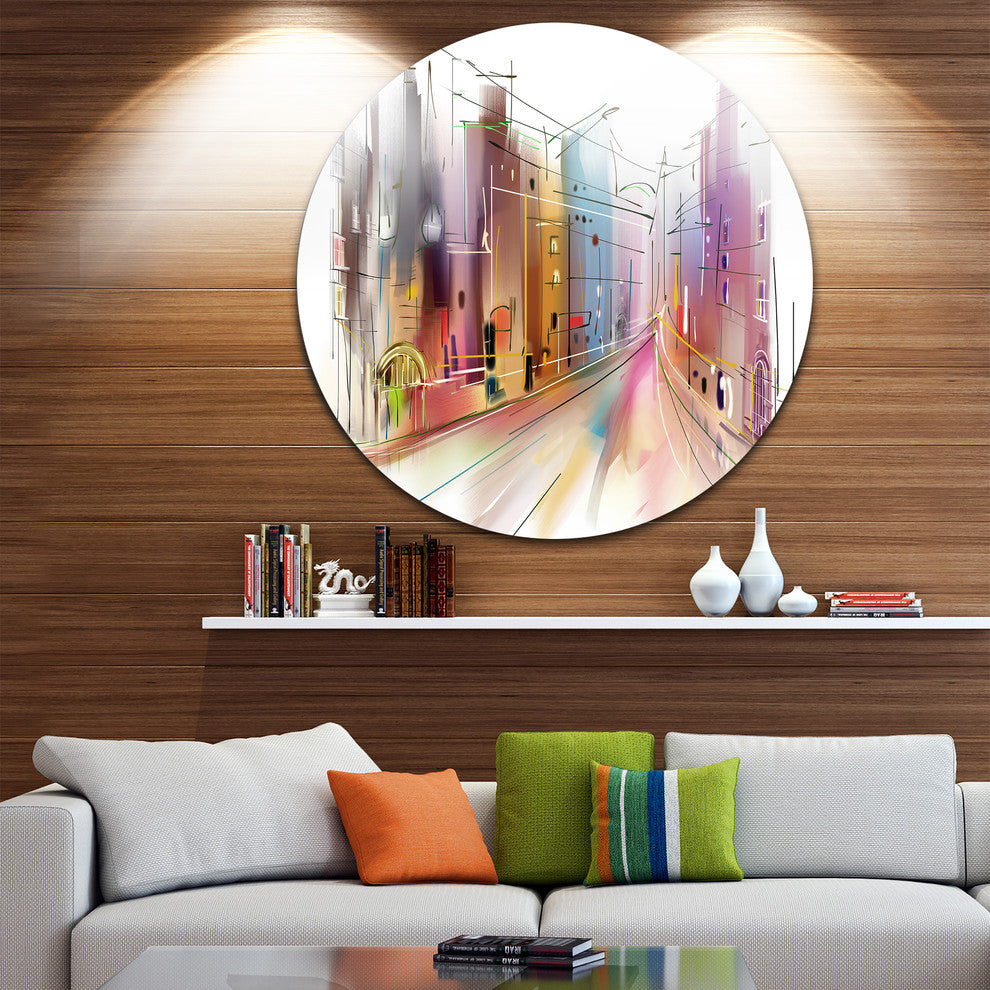 Road In City Illustration Art, Cityscape Round Wall Art, 36"