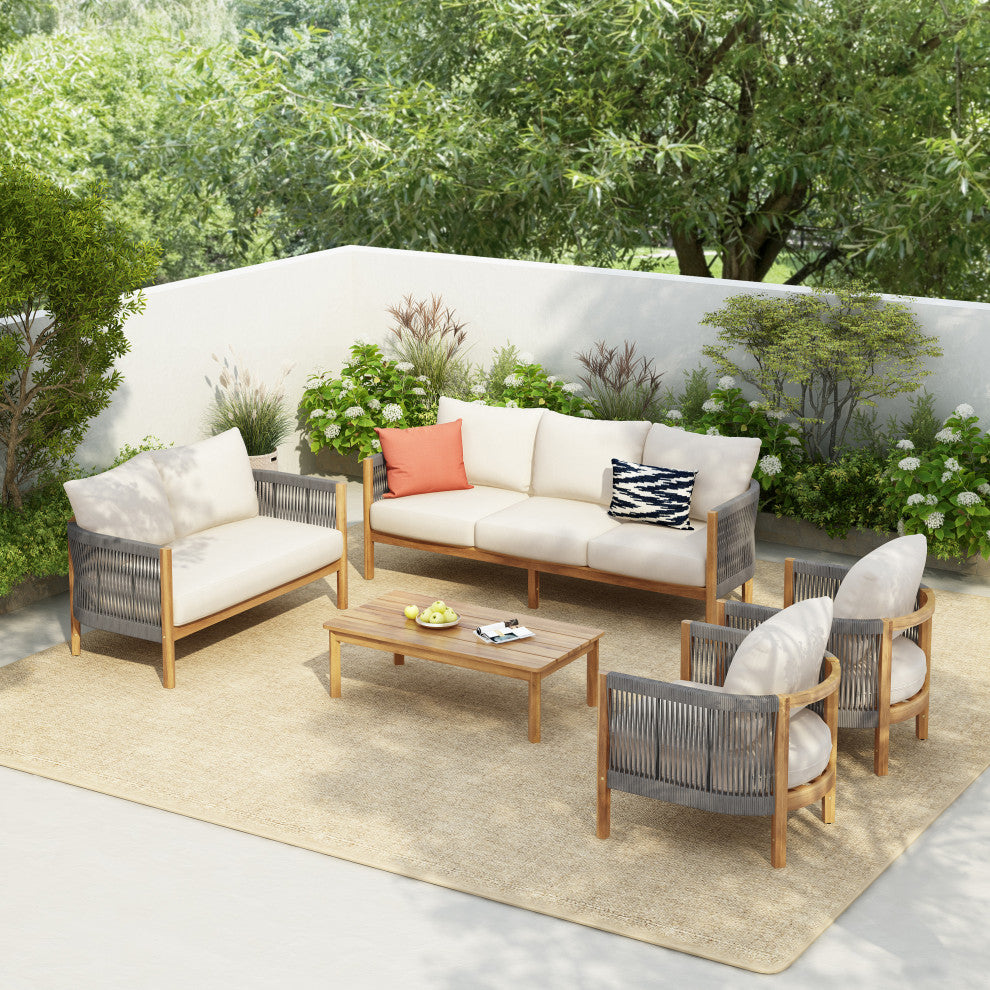 GDF Studio Outdoor 5-Piece Acacia Wood Patio Chat Set, Teak/Gray/Beige