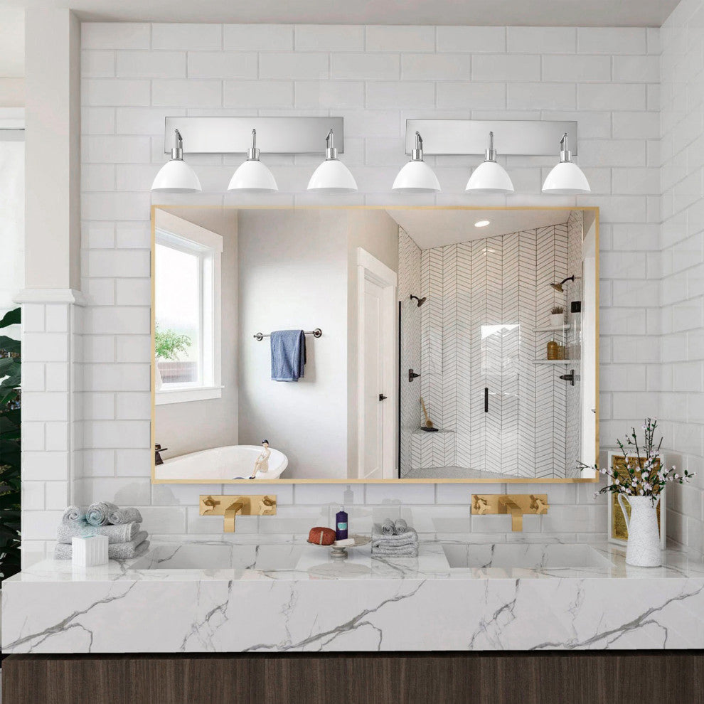 Modern 3-Light Bathroom Vanity Light Over Mirror with White Shades, Chrome