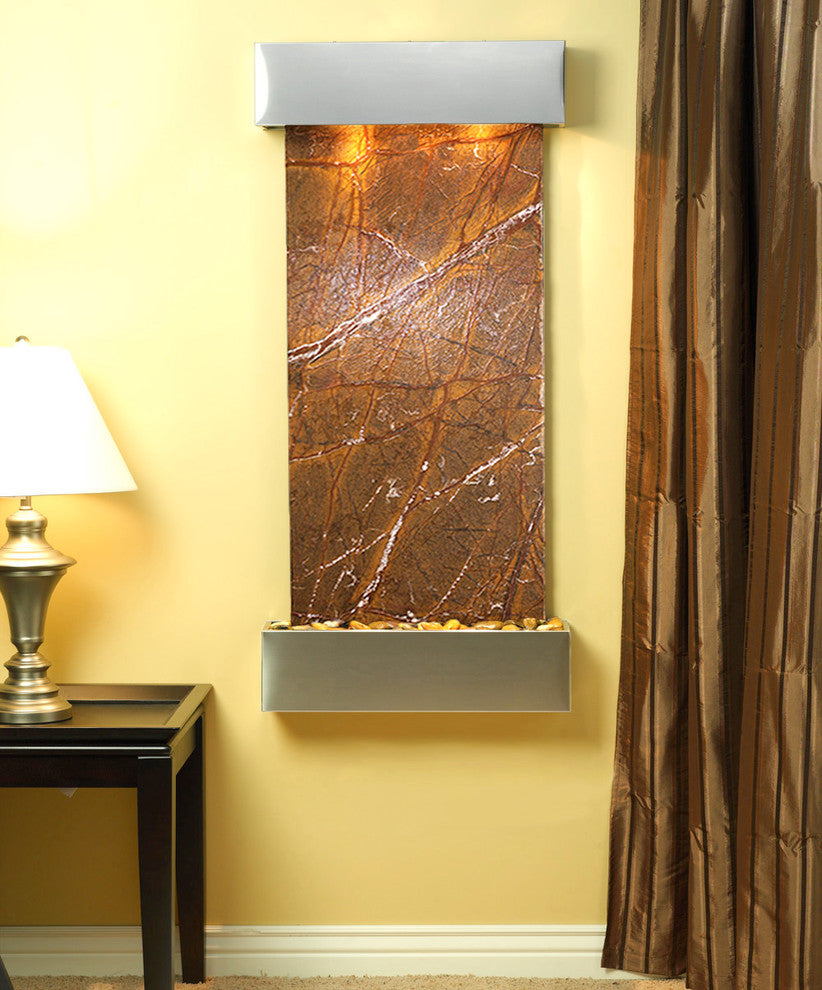 Cascade Springs Water Fountain, Brown Marble, Stainless Steel, Square