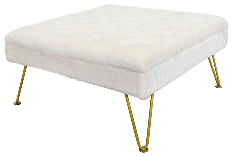 Rabbit Faux Fur Tufted Coffee Table, Egret, 33"x33"x18"