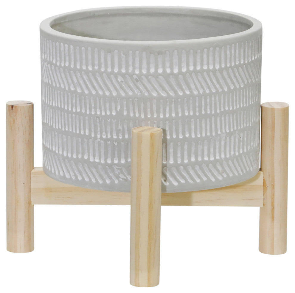 6" Ceramic Tribal Planter With Wood Stand, Beige