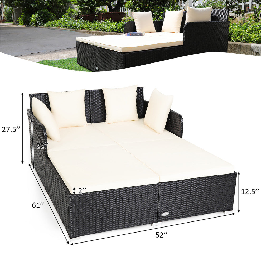 Costway Outdoor Patio Rattan Daybed Pillows Cushioned Sofa Furniture Biege