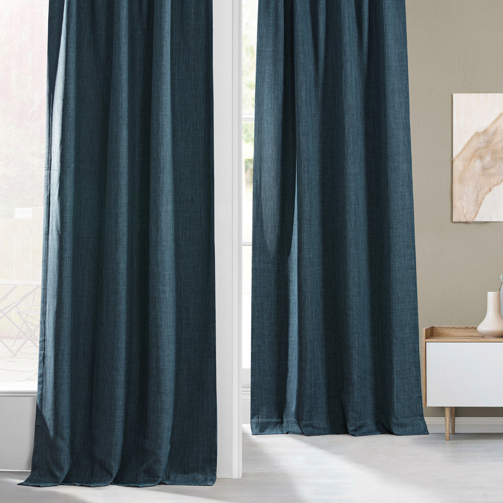 Faux Linen Darkening Curtain Single Panel, Story Blue, 50"x108"