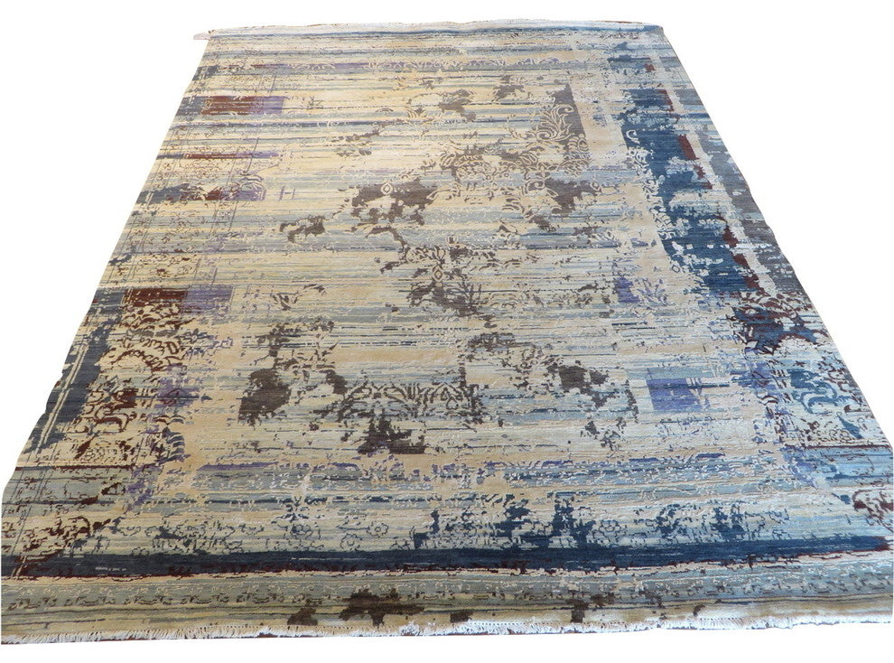 8'2"x10'5" Hand-Knotted Wool and Silk Multicolored Fine Modern Oriental Rug