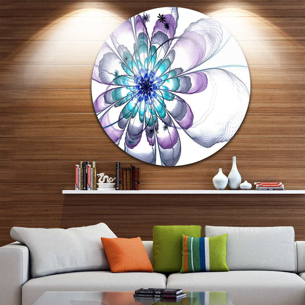 Fractal Flower Light Blue, Floral Digital Art Round Metal Wall Art, 11"
