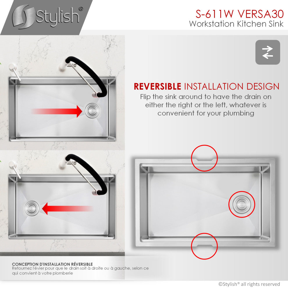 STYLISH 30"L x 19"W Stainless Steel Single Basin Undermount Kitchen Sink