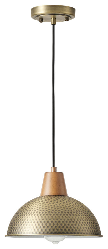 Industrial Farmhouse Pendant Light With Metal Shade and Wood Grain Design, Gold