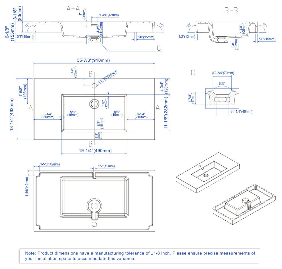Dowell 18" FTB Resin Bathroom Vanity Basin, White, 36wx18dx6h