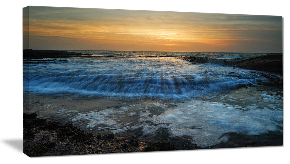 "Beach With Rushing White Waves" Modern Beach Canvas Art Print, 32"x16"