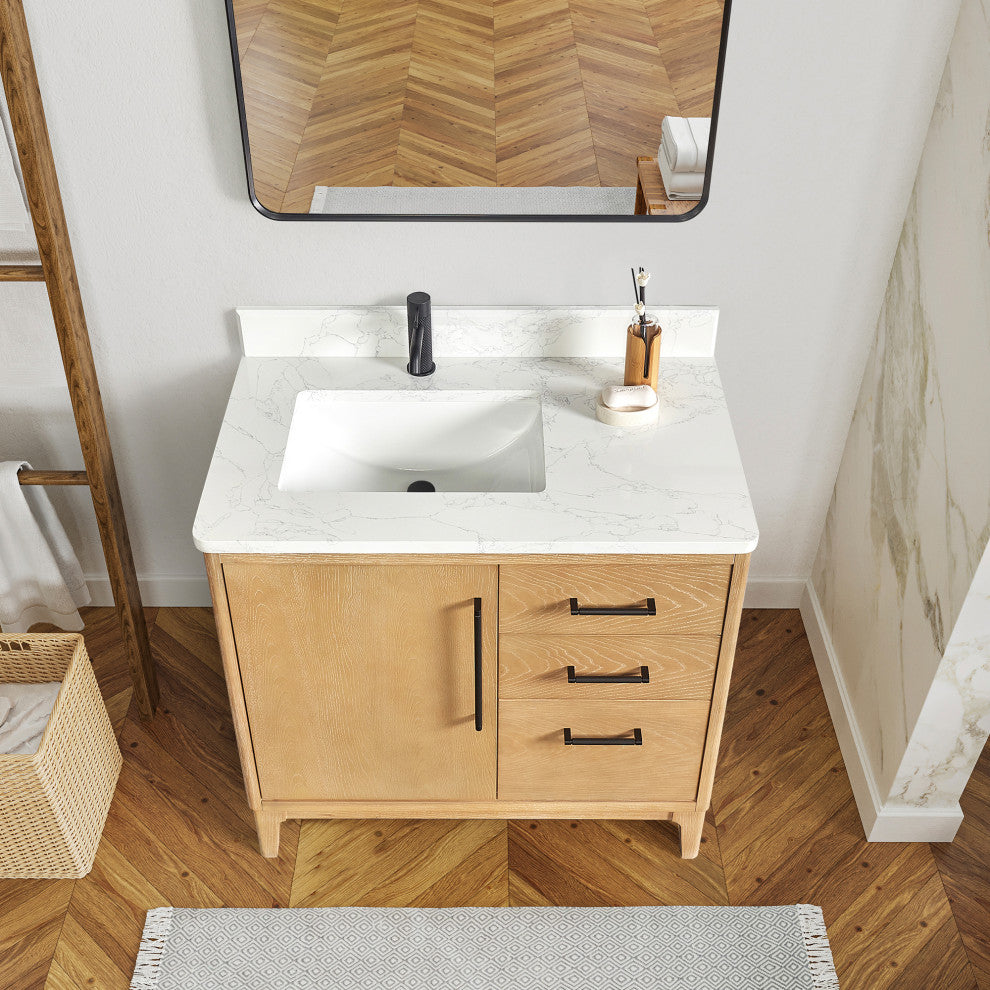 Gara Bath Vanity, Stone Top, Washed Ash Grey, 36", Single Vanity, No Mirror