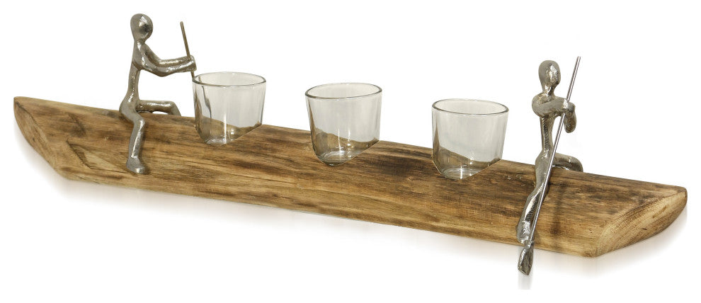 Tea Light Tandem, Carved Wood Canoe, Paddling Figurines, 3 Glass Candle Holders