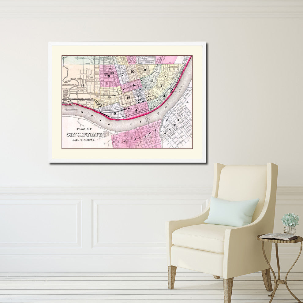 Cincinnati Old Map Print On Canvas With Picture Frame Art Collection 16" X 21"