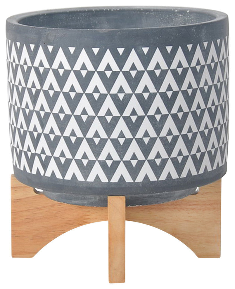 Ceramic 8" Aztec Planter On Wooden Stand, Gray