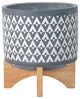 Ceramic 8" Aztec Planter On Wooden Stand, Gray