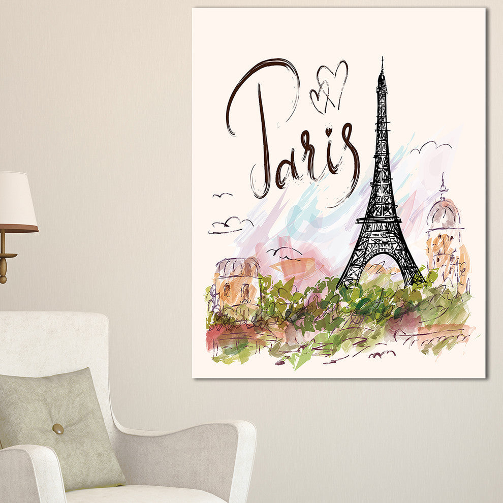 "Eiffel Tower With Paris Scribbling" Digital Canvas Print, 20"x40"
