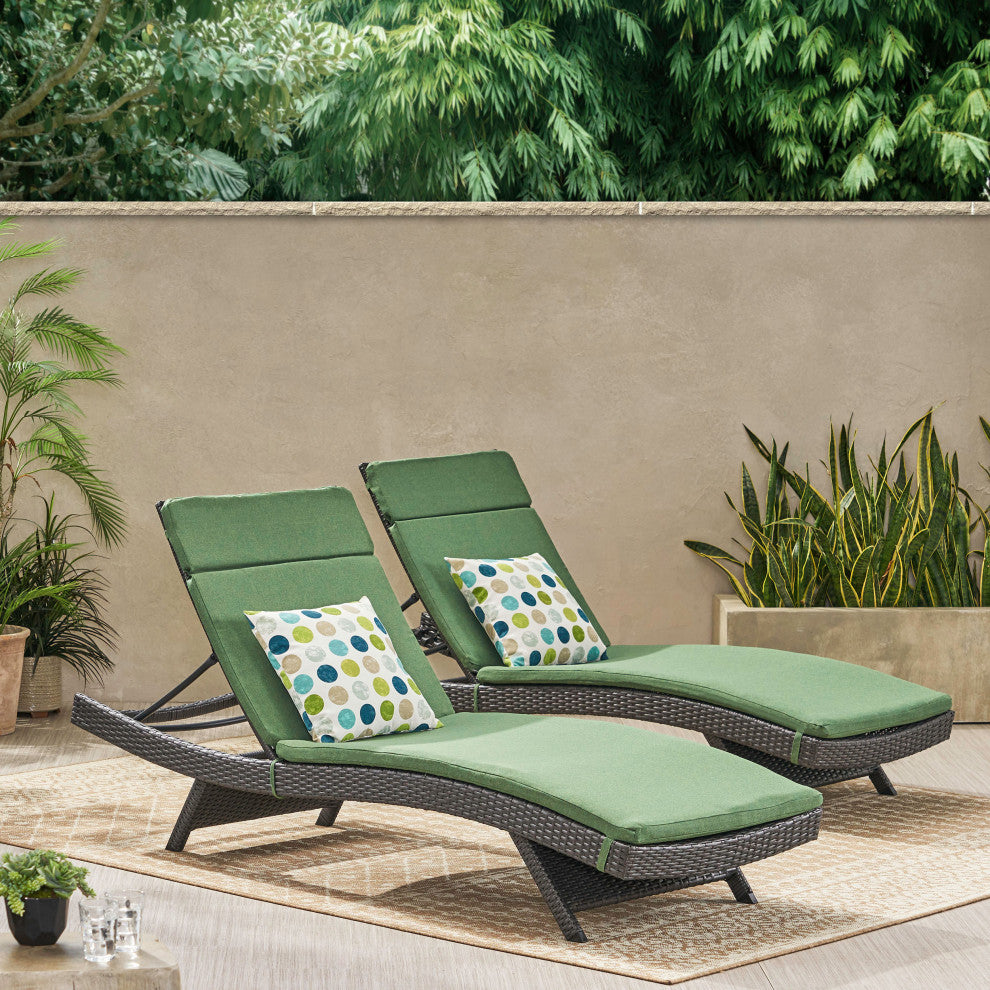 GDF Studio Nassau Outdoor Wicker Adjustable Lounges, Green Cushions, Set of 2