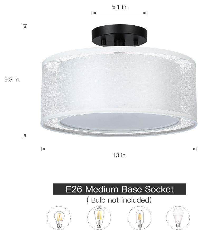 13"W 2-Light Semi-Flush Mount With White Double Drum Shade