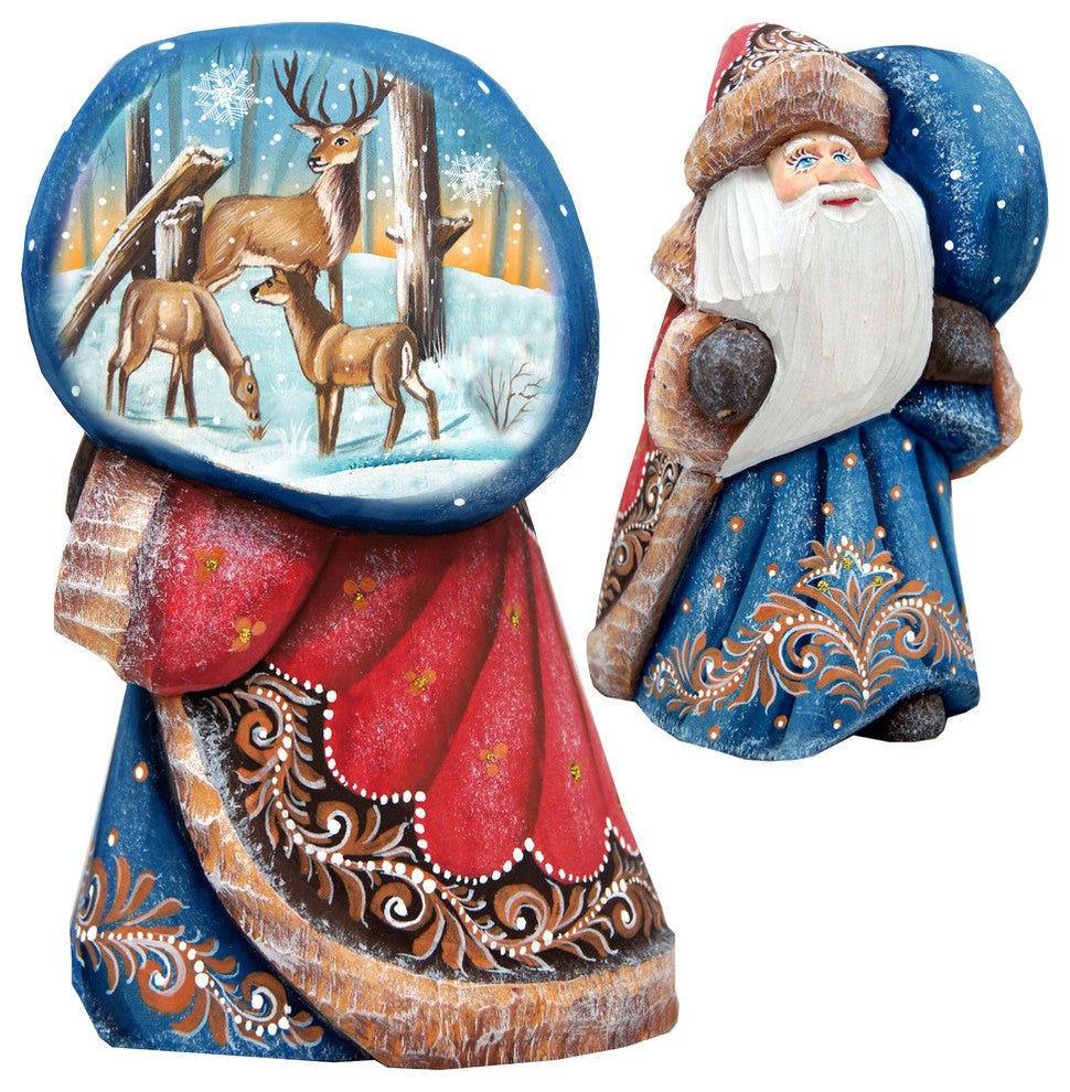 Reindeer Wood Carved Santa With Bag