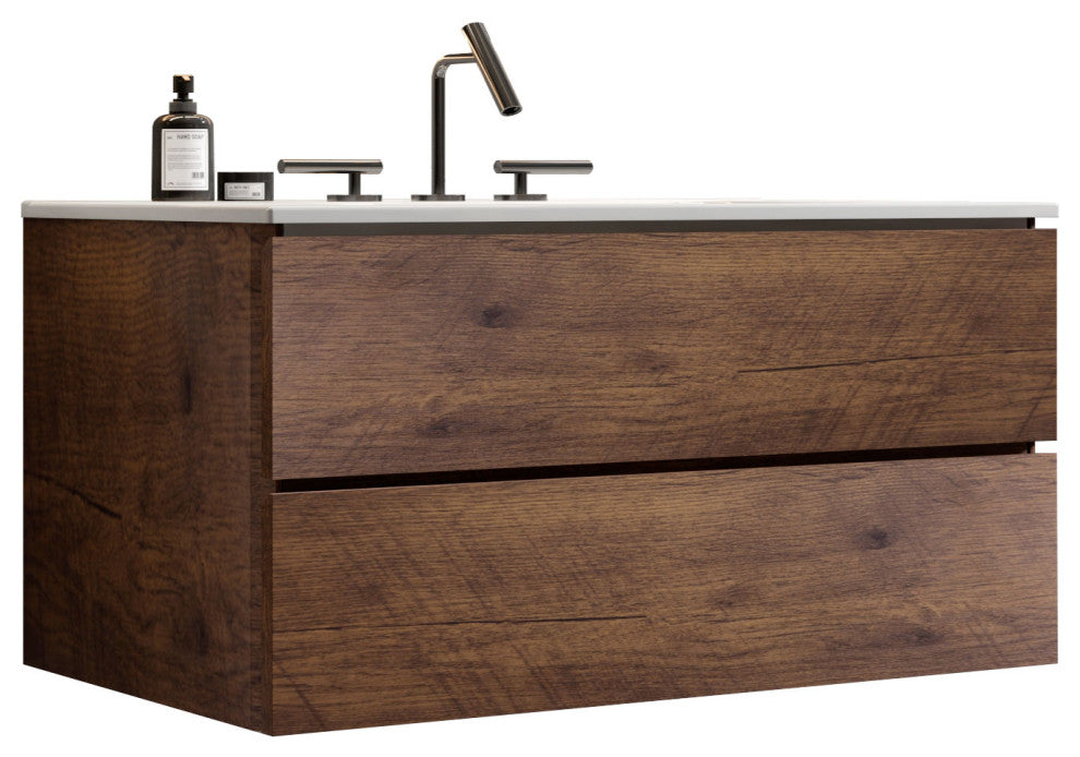 Wall-Mounted Bathroom Vanity Set with Ceramic Sink, Walnut, 36"
