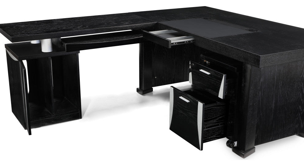 Pierce Black Oak Desk With Storage, Left