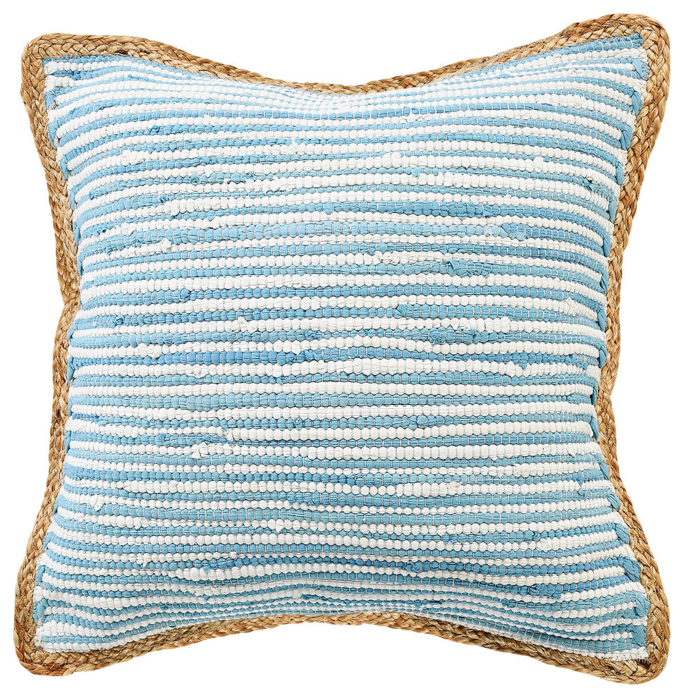 Bright Blue and White Striped Jute Bordered Throw Pillow