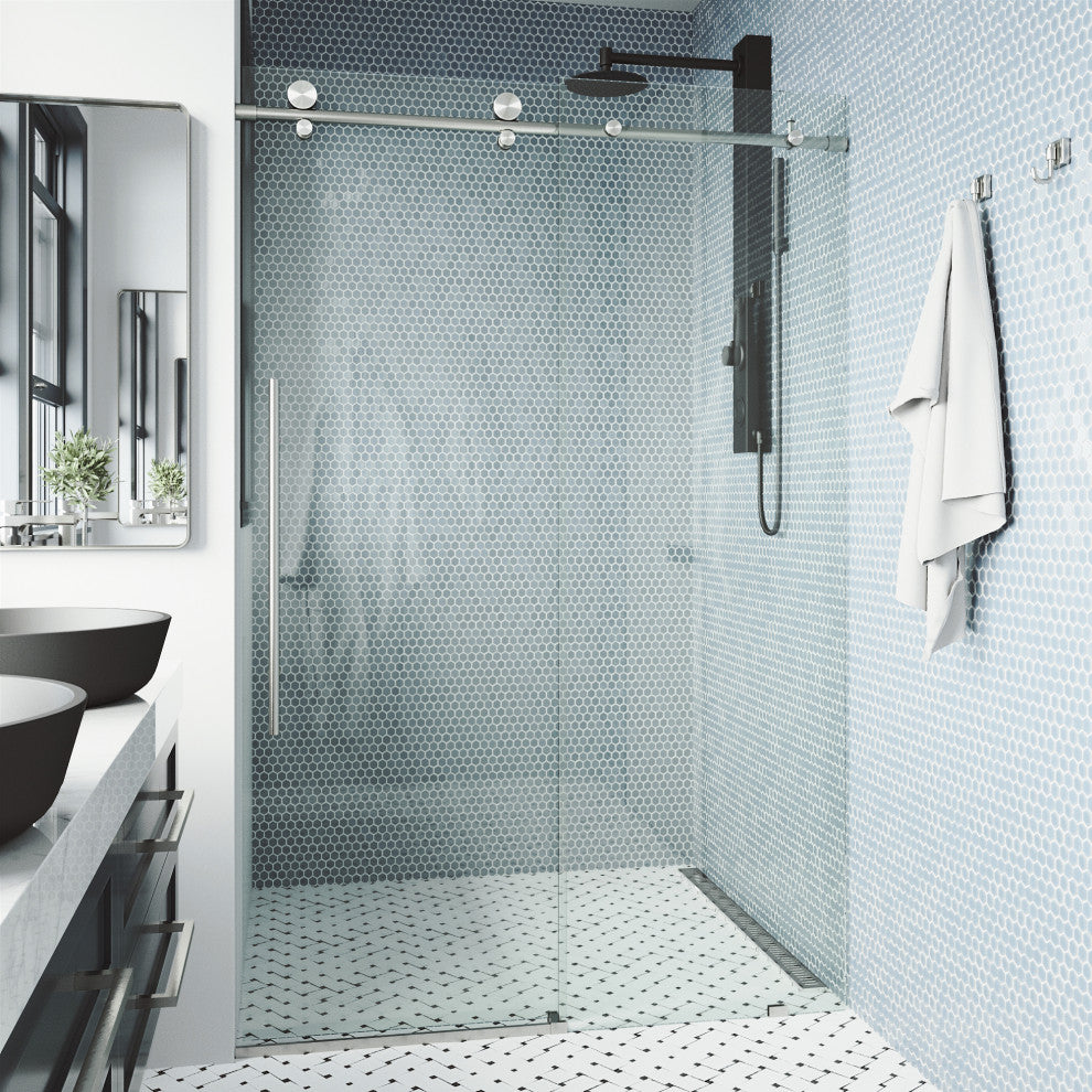 VIGO Elan E-Class 56" to 60" W x 76" H Frameless Sliding Shower Door, Stainless Steel, Clear Glass