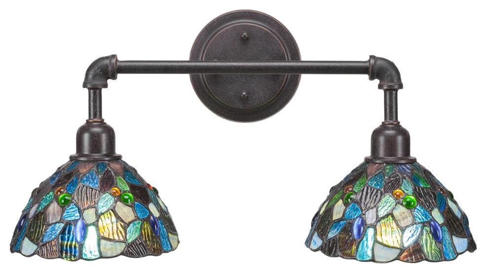 Vintage 2-Light Bath Bar, Dark Granite, 7" Blue Mosaic Art Glass