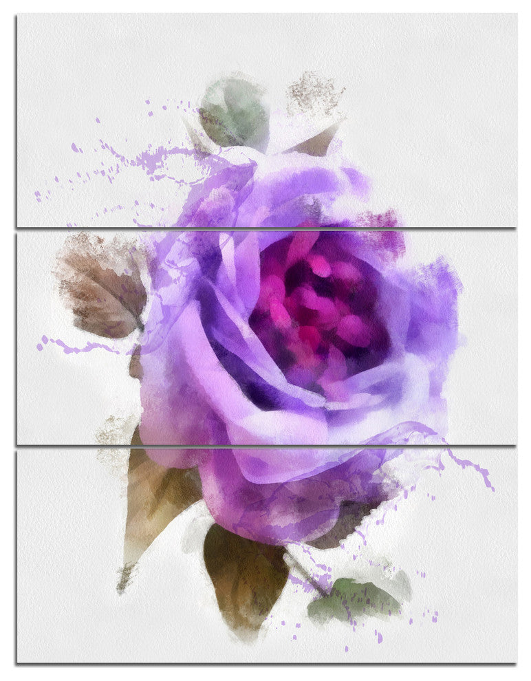Watercolor Purple Rose with Leaves, Floral Triptych Canvas Art, 28x36, 3 Panels