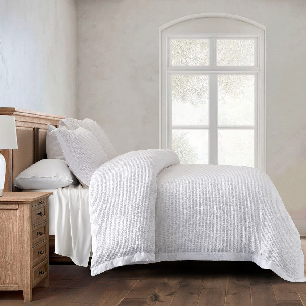 Stonewashed Cotton Waffle Weave Duvet Cover Set, 3-Piece, White, King
