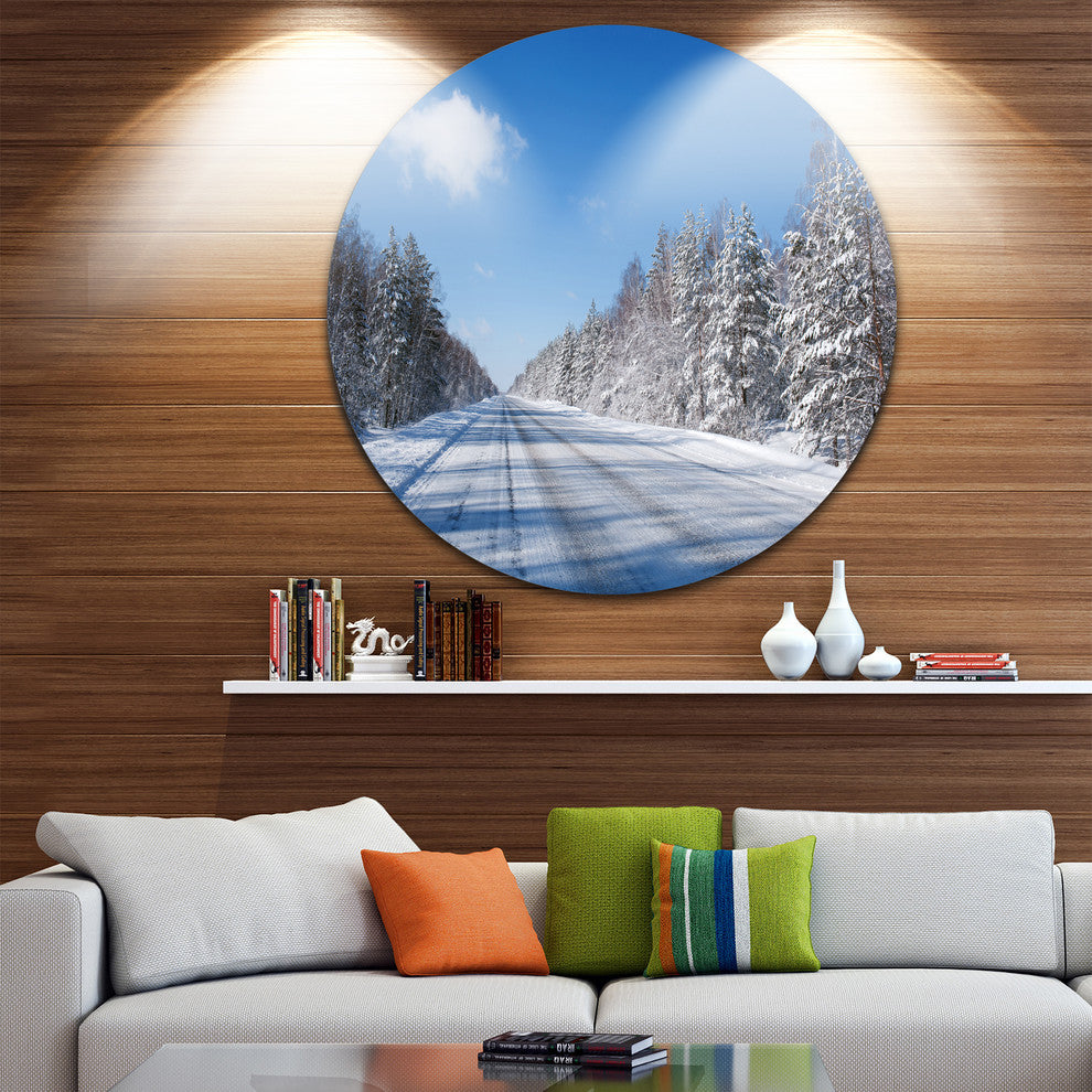 Winter Road, Landscape Photography Large Disc Metal Wall Art, 36"