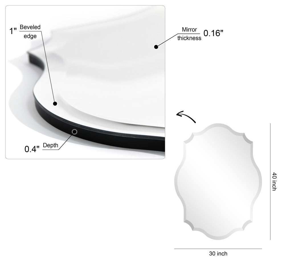 Frameless Beveled Oblong Scalloped Wall Mirror, 1"-Beveled Edge, 30"x40"