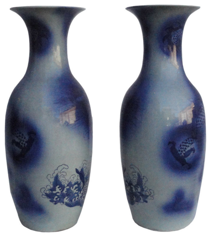 Chinese Porcelain Blue And White Tall Vase, 2-Piece Set