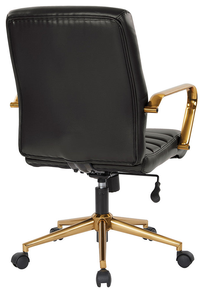 Mid-Back Faux Leather Chair With Gold Arms and Base, Black