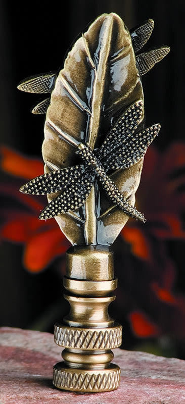Dragonfly on Leaf Lamp Finial Antique Metal 3"h