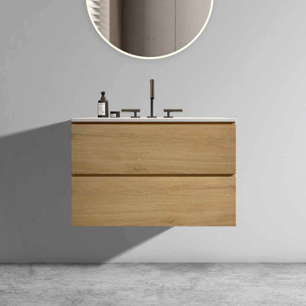 Wall-Mounted Bathroom Vanity Set with Ceramic Sink with three faucet holes, Oak, 30"