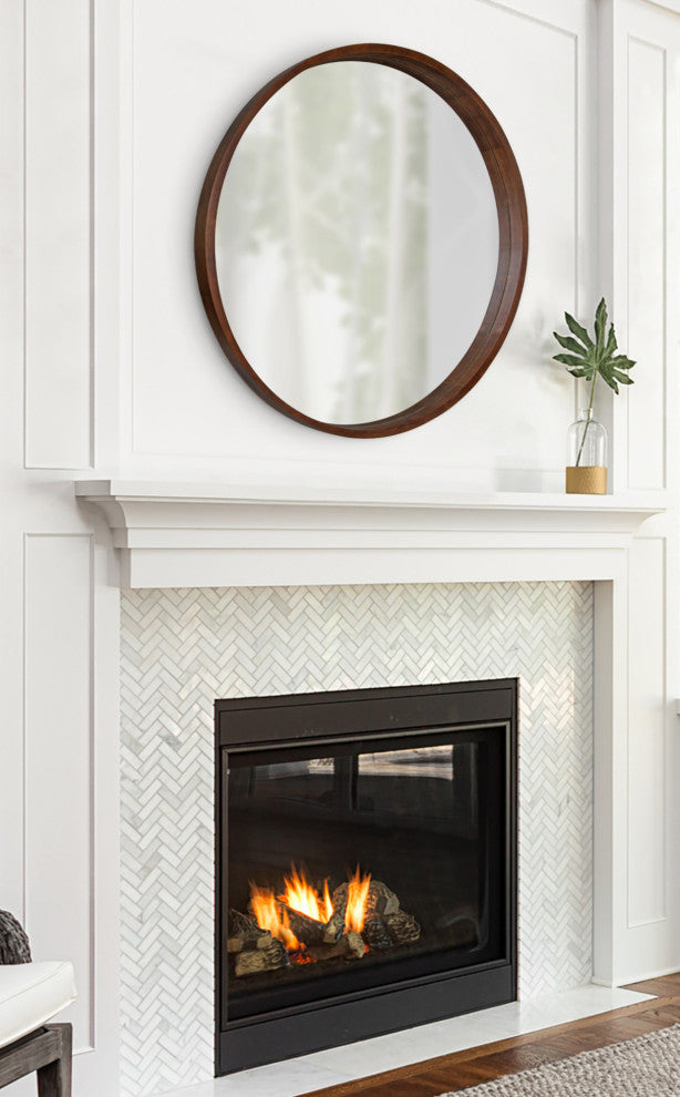 Hutton Round Wood Wall Mirror, Walnut Brown 36 Diameter