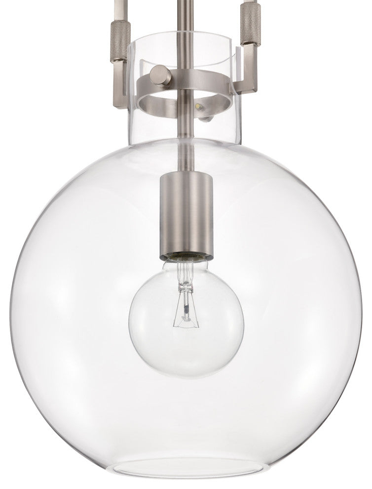 1-Light 10 in. Brushed Nickel Pendant With Globe Shaped Clear Glass Shade