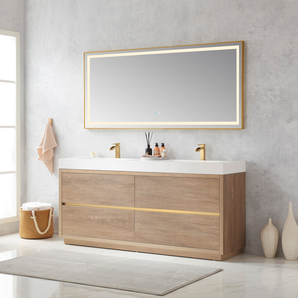 Huesca Bath Vanity, Integrated Sink Top, North American Oak, 72", With Mirror