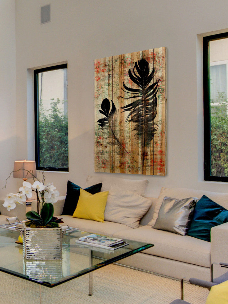"Beautiful Black Feathers" Print on Natural Pine Wood, 30"x45"