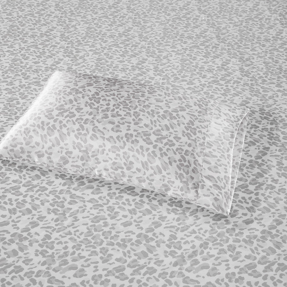 Madison Park Essentials Printed Satin Sheet Set, King Gray Leopard