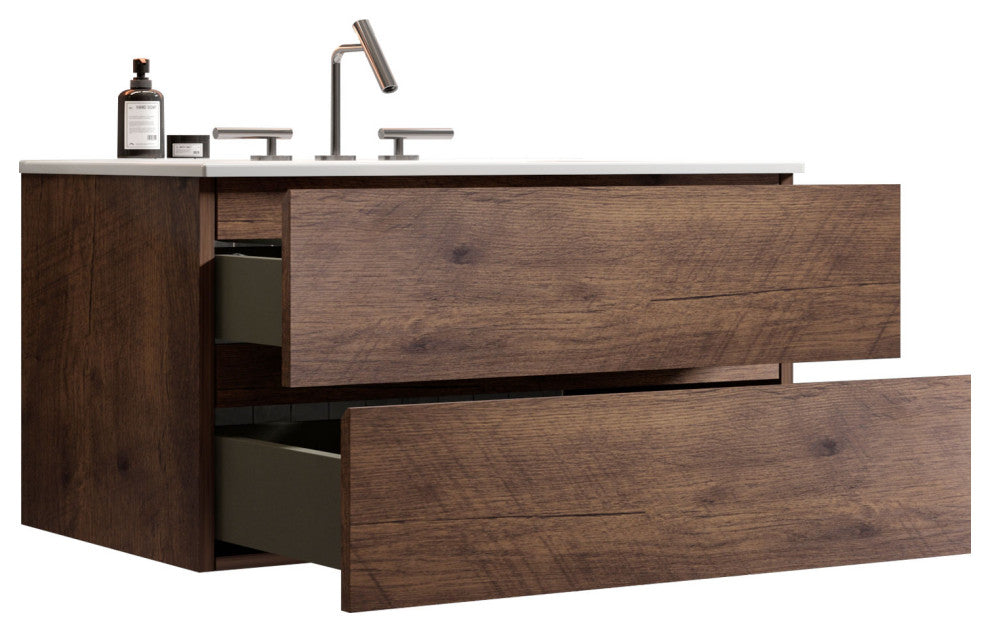 Wall-Mounted Bathroom Vanity Set with Ceramic Sink, Walnut, 36"